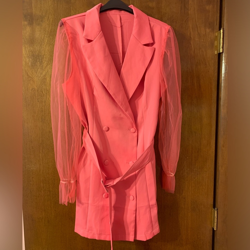 Hot Pink Mini Blazer Dress with Sheer Sleeves and Belt NEVER WORN